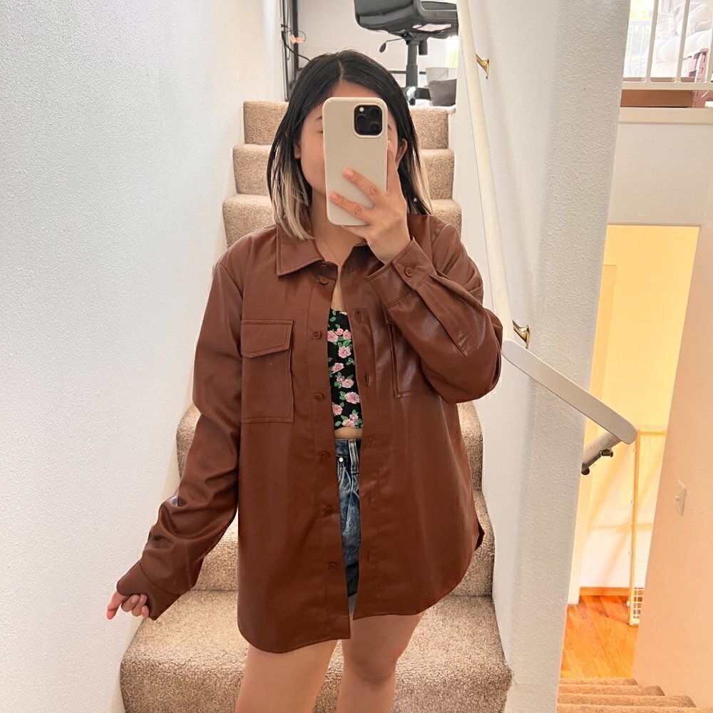 NWT Anine Bing Hutton Genuine Leather Brown Shirt Jacket Shacket S‌‌‌‌‌‌‌‌‌‌‌‌‌‌